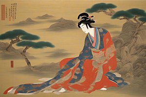 画中情深古老东方风景中的永恒传说