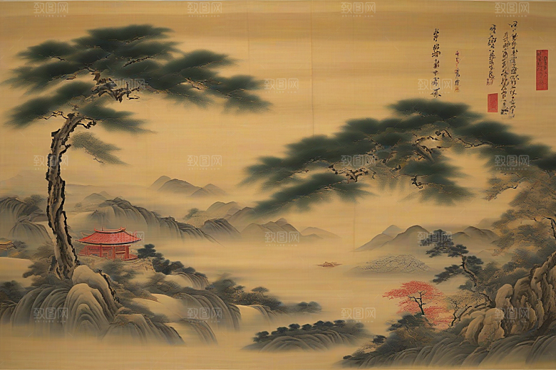 画中情深古老东方风景中的永恒传说