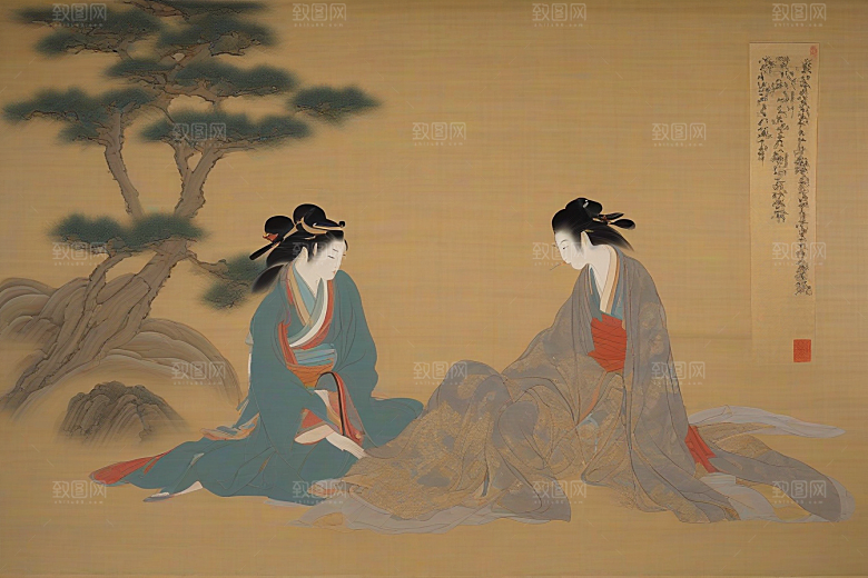 画中情深古老东方风景中的永恒传说