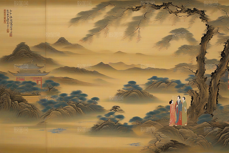 画中情深古老东方风景中的永恒传说