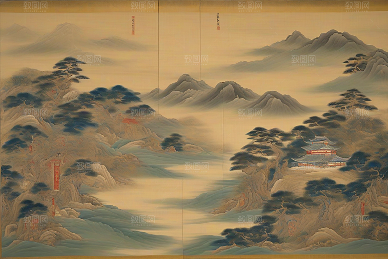 画中情深古老东方风景中的永恒传说