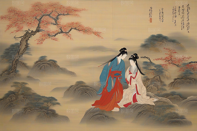 画中情深古老东方风景中的永恒传说