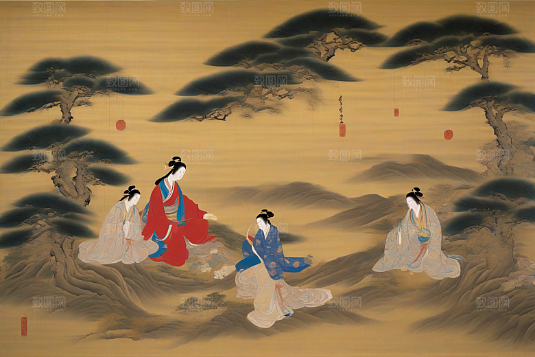 画中情深古老东方风景中的永恒传说