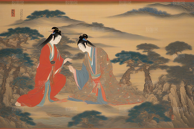 爱在画中古老东方风景中的激情绽放