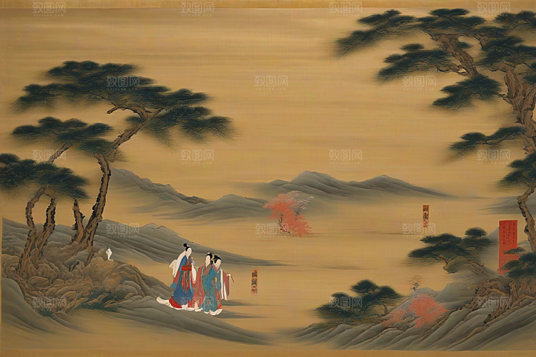 爱在画中古老东方风景中的激情绽放