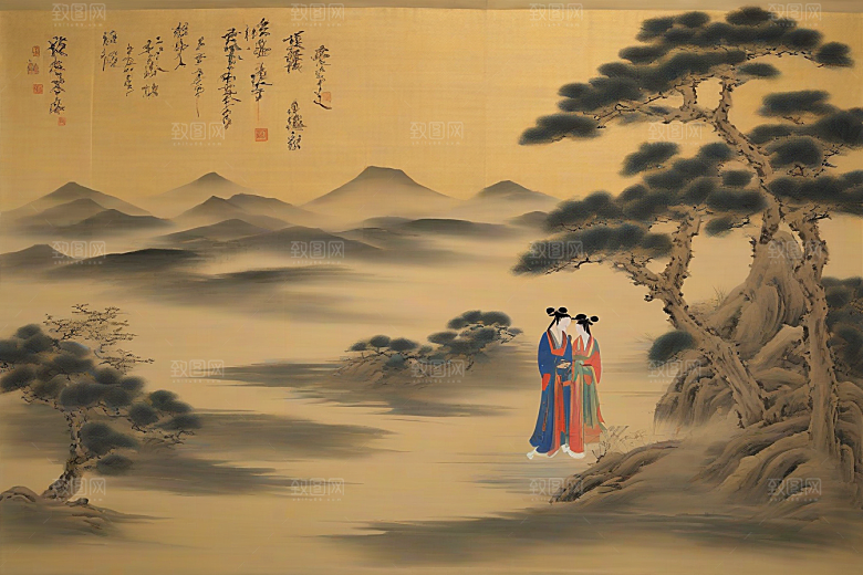 爱在画中古老东方风景中的激情绽放