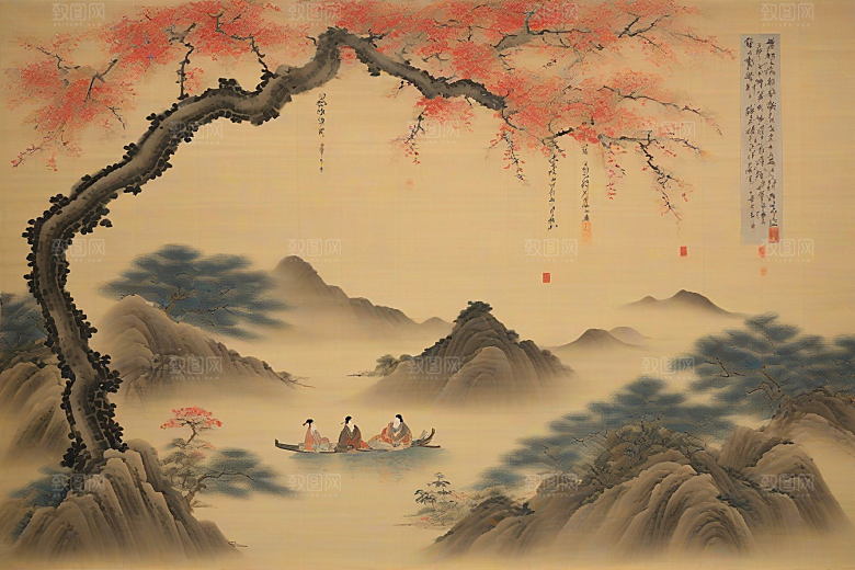 爱在画中古老东方风景中的激情绽放