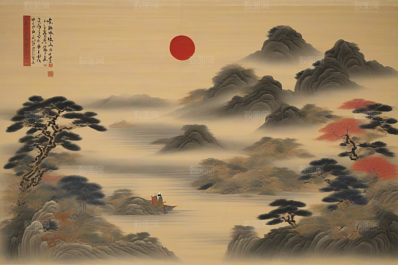 爱在画中古老东方风景中的激情绽放