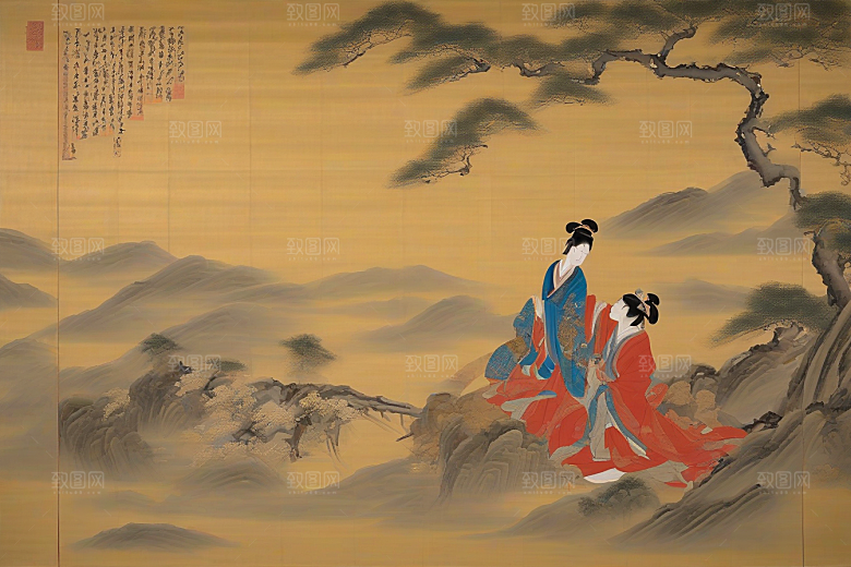 爱在画中古老东方风景中的激情绽放
