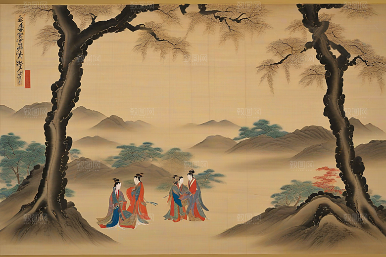爱在画中古老东方风景中的激情绽放