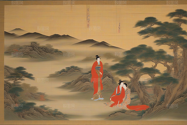 爱在画中古老东方风景中的激情绽放