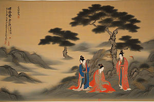 爱在画中古老东方风景中的激情绽放
