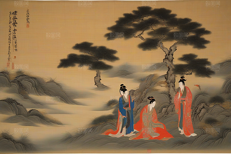 爱在画中古老东方风景中的激情绽放