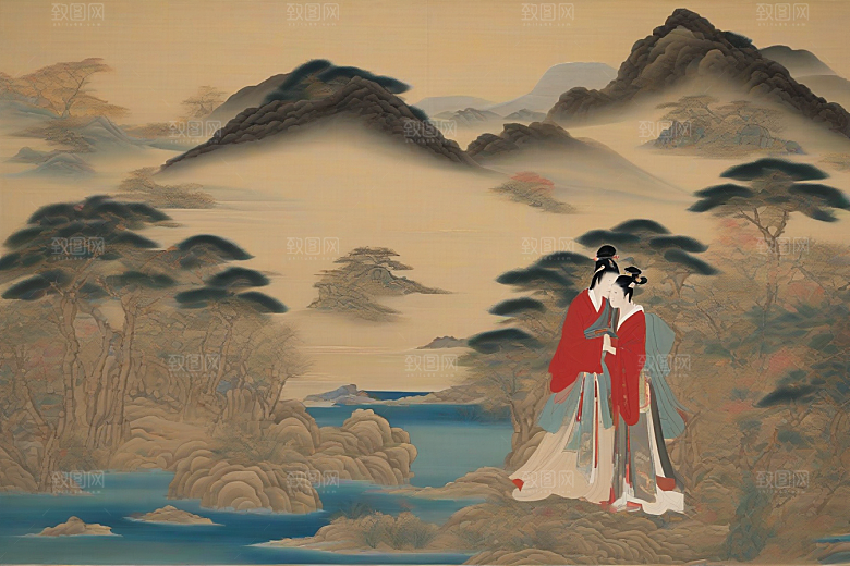 爱在画中古老东方风景中的激情绽放