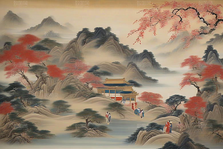 爱在画中古老东方风景中的激情绽放
