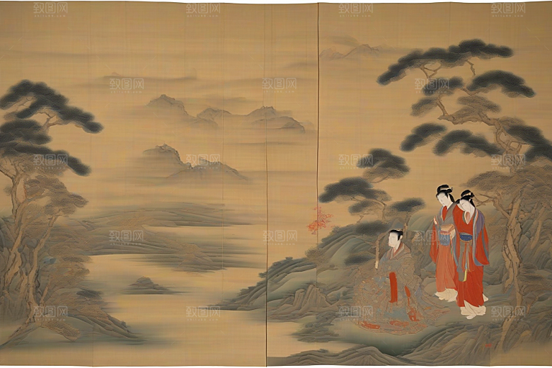 爱在画中古老东方风景中的激情绽放