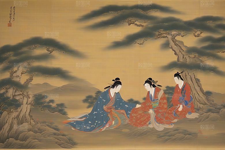 爱在画中古老东方风景中的激情绽放