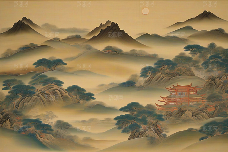 爱在画中古老东方风景中的激情绽放