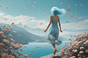 魅力绽放蓝发女子从山间飞跃