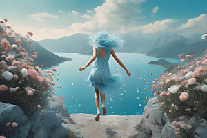 美妆长裙蓝发女子从山间跳入大海