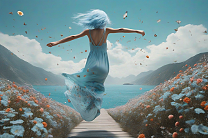 美妆长裙蓝发女子从山间跳入大海