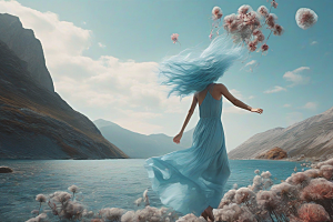 蓝发之美山间女子从后方跳入大海