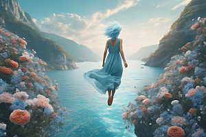 蓝发之美山间女子从后方跳入大海