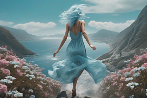 苍白调色板蓝发女子从山间跳入大海