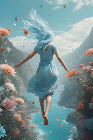 超写实幻境后背视角的蓝发女子跳入大海