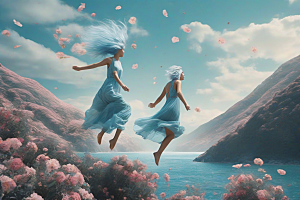 超写实幻境后背视角的蓝发女子跳入大海