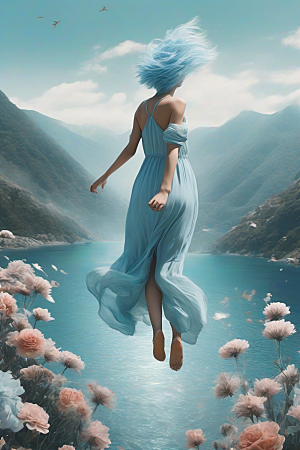 山间飞跃蓝发女子从山上跳入大海