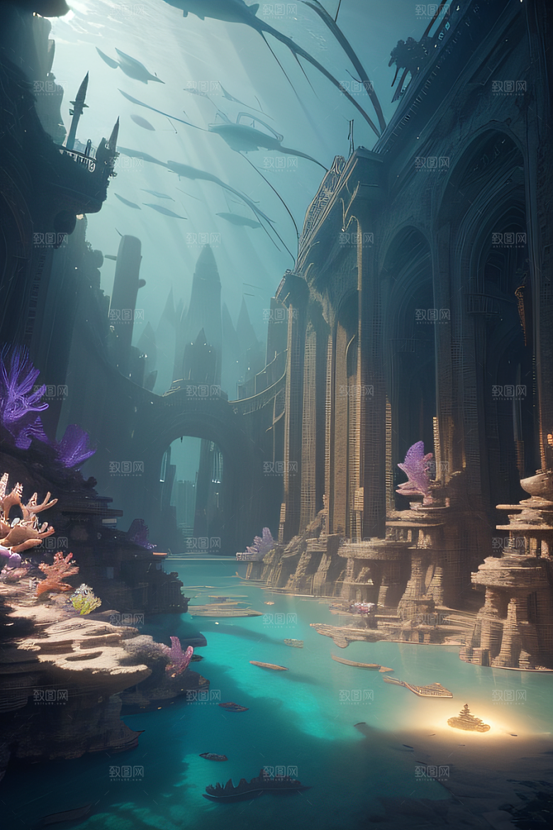 史诗级CG背景画海底亚特兰蒂斯水晶宫
