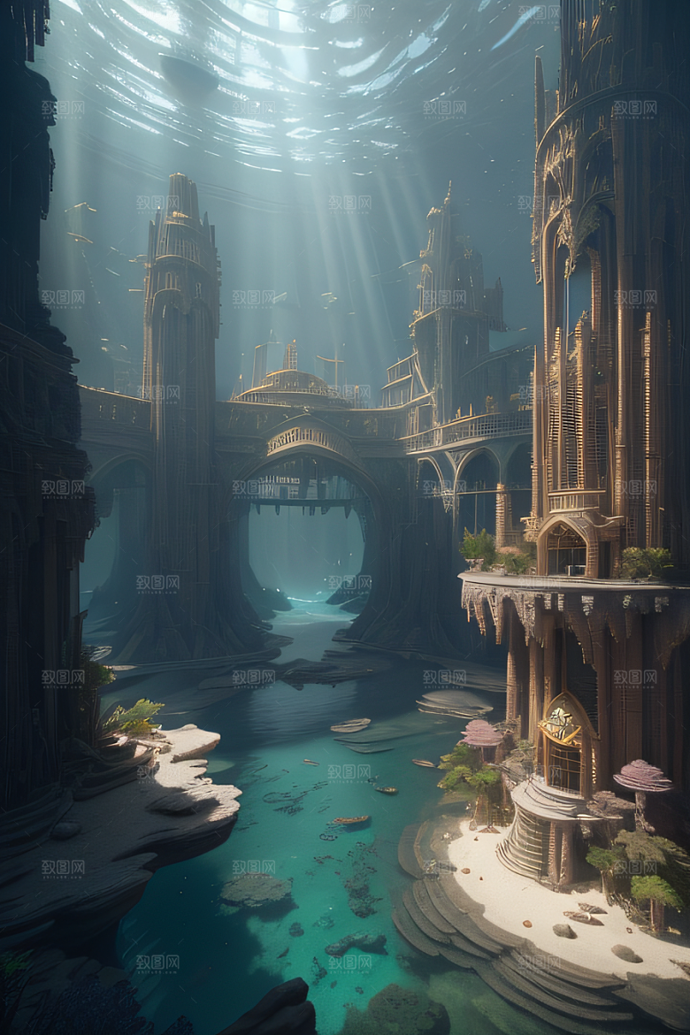 史诗级CG背景画海底亚特兰蒂斯水晶宫