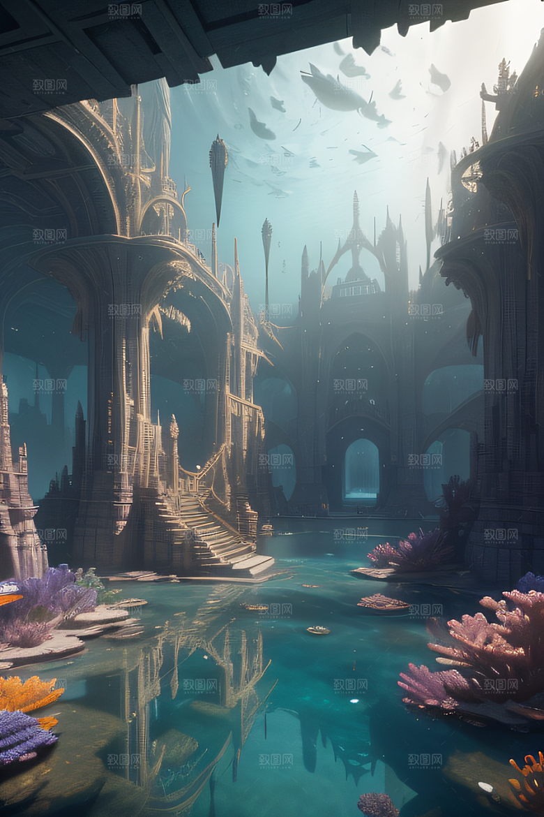 史诗级CG背景画海底亚特兰蒂斯水晶宫