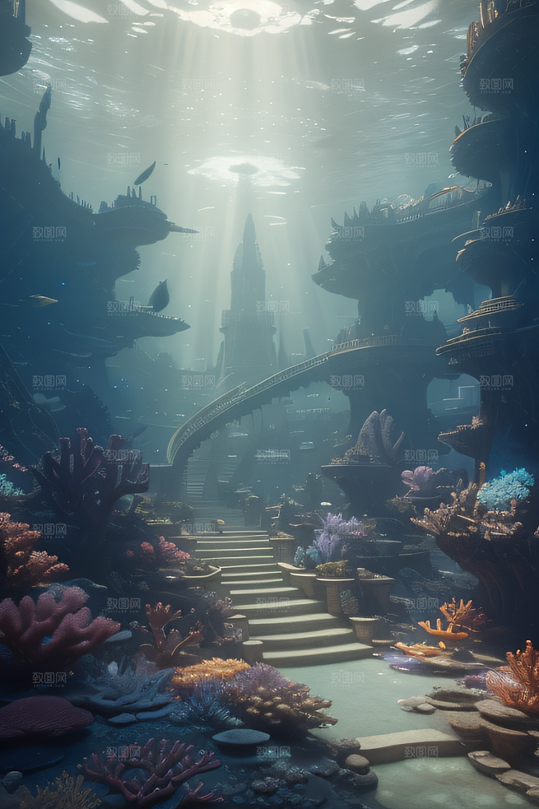 史诗级CG背景画海底亚特兰蒂斯水晶宫