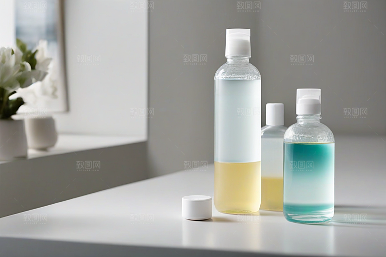 床和化妆品模糊背景的综合化妆台