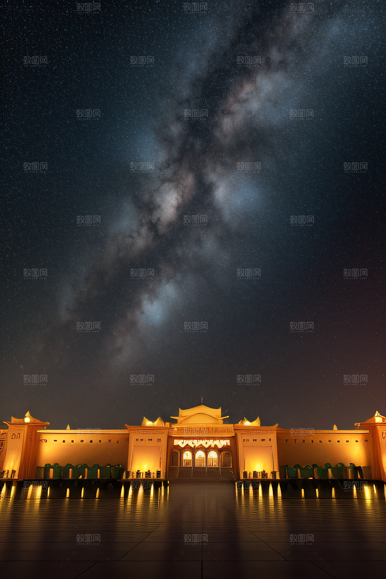海洋上的巨大玫瑰宫殿金壁辉煌星空闪耀