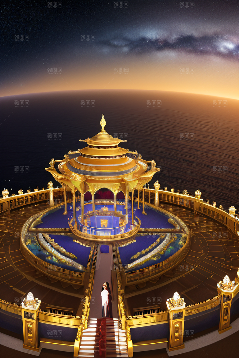 海洋上的巨大玫瑰宫殿金壁辉煌星空闪耀