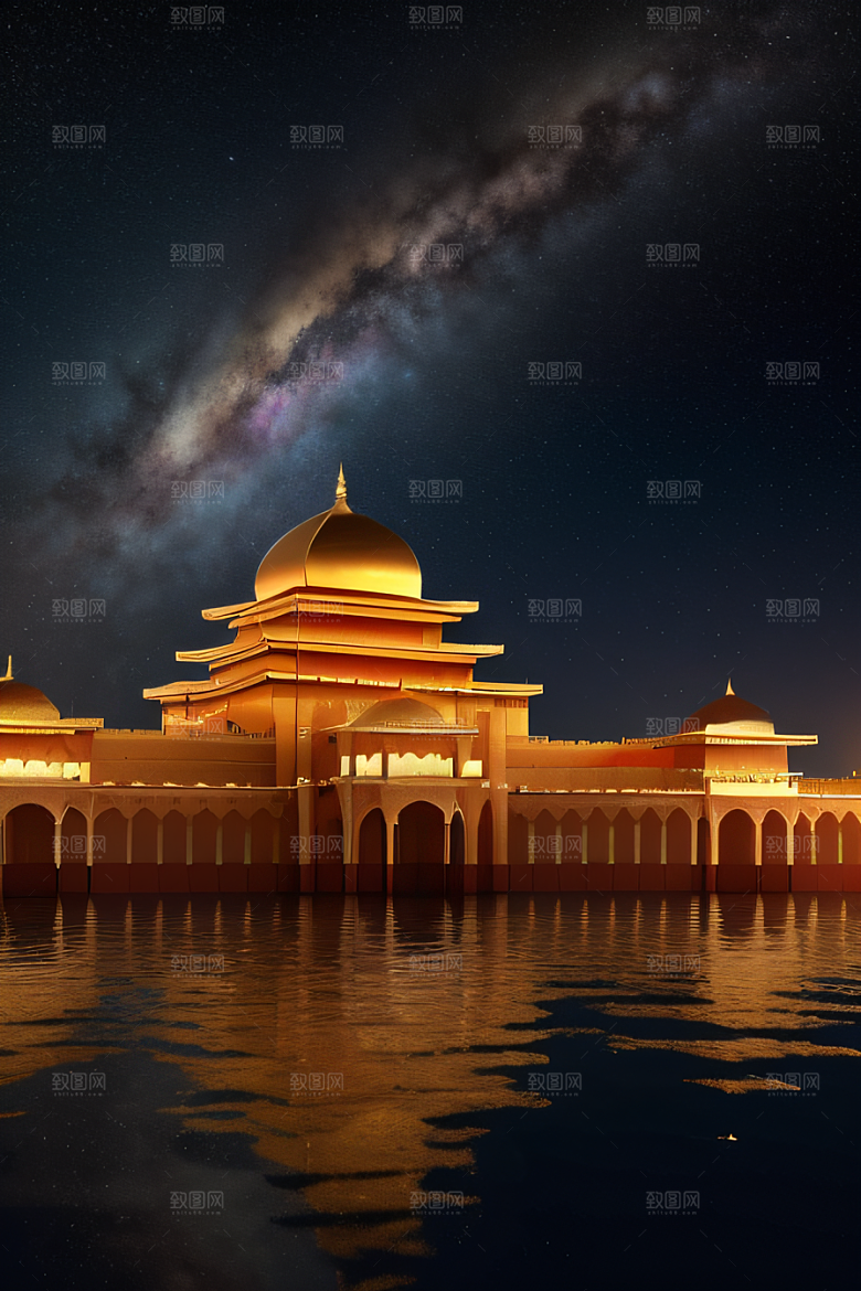 海洋上的巨大玫瑰宫殿金壁辉煌星空闪耀