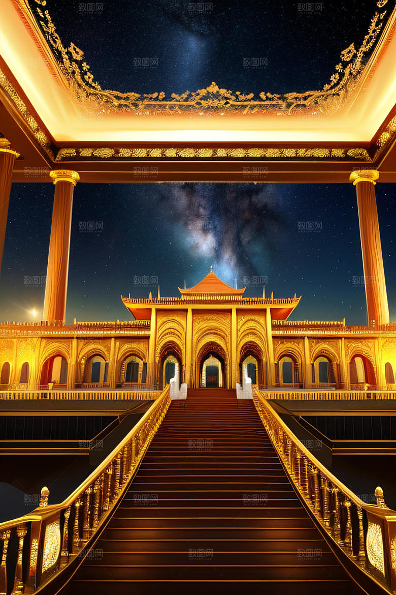 海洋上的巨大玫瑰宫殿金壁辉煌星空闪耀