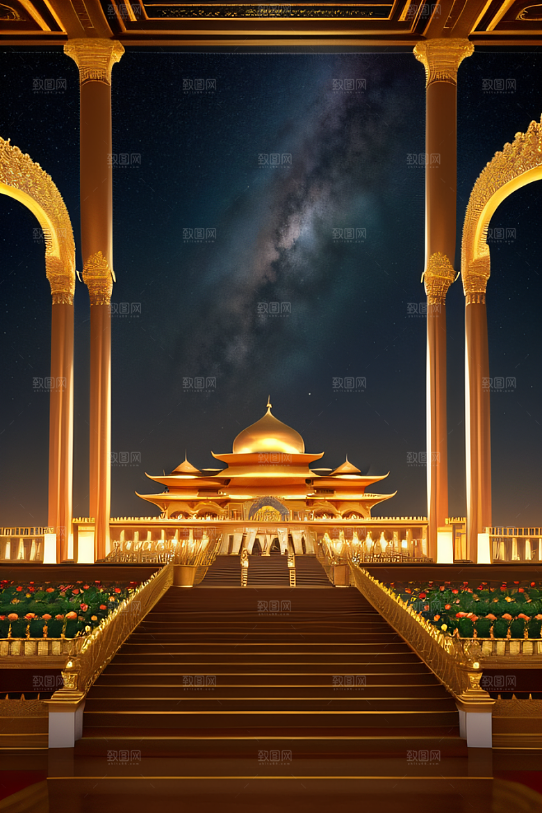 海洋上的巨大玫瑰宫殿金壁辉煌星空闪耀