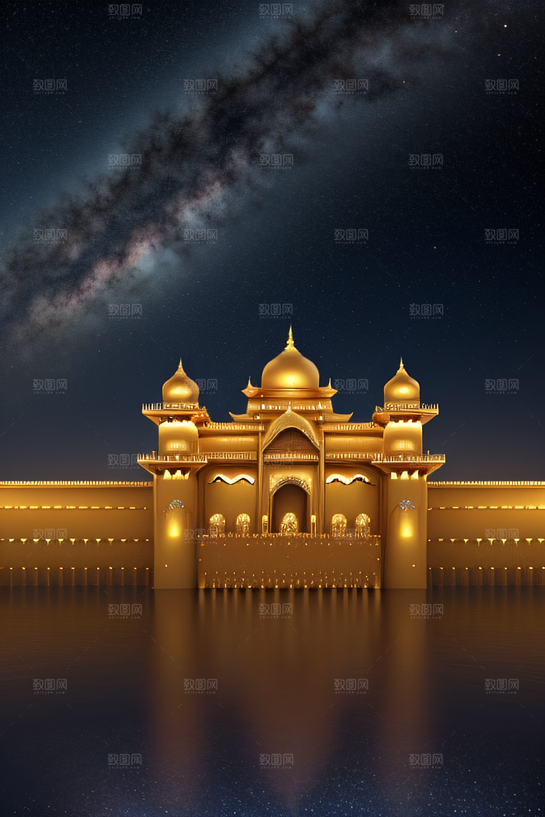海洋上的巨大玫瑰宫殿金壁辉煌星空闪耀