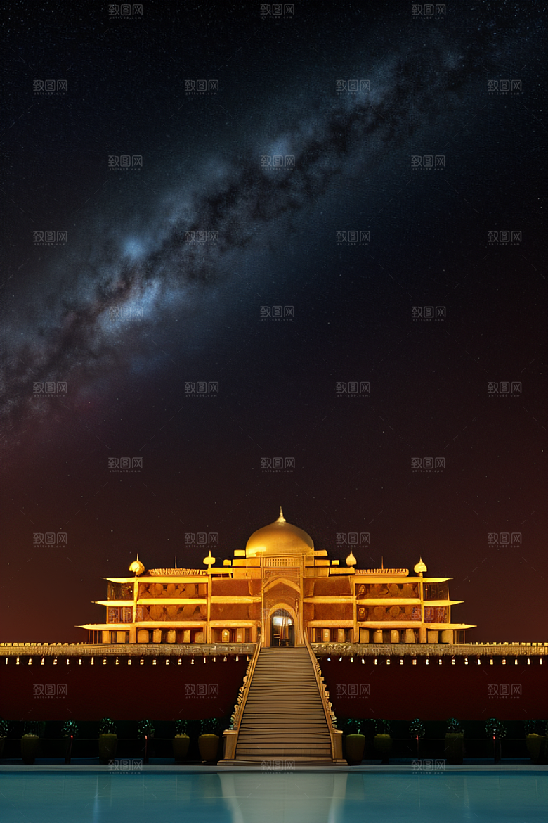 海洋上的巨大玫瑰宫殿金壁辉煌星空闪耀