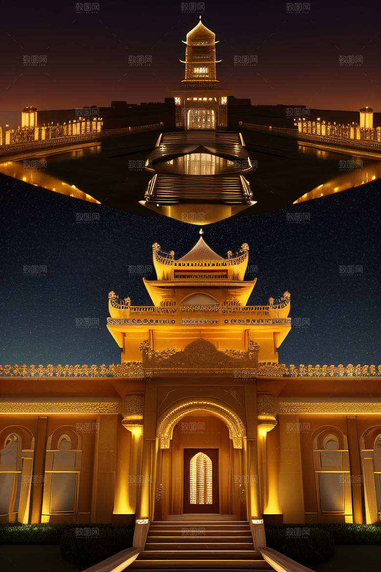 海洋上的巨大玫瑰宫殿金壁辉煌星空闪耀