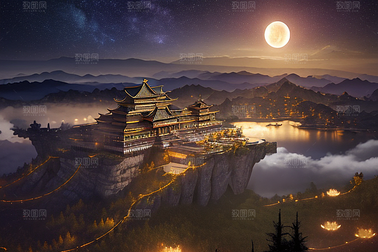 金色中国宫殿梦幻月光云海