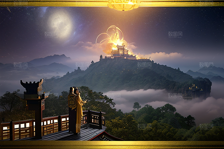 金色中国宫殿梦幻月光云海