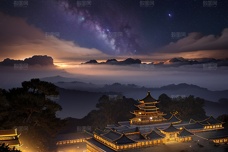 金色中国宫殿梦幻月光云海