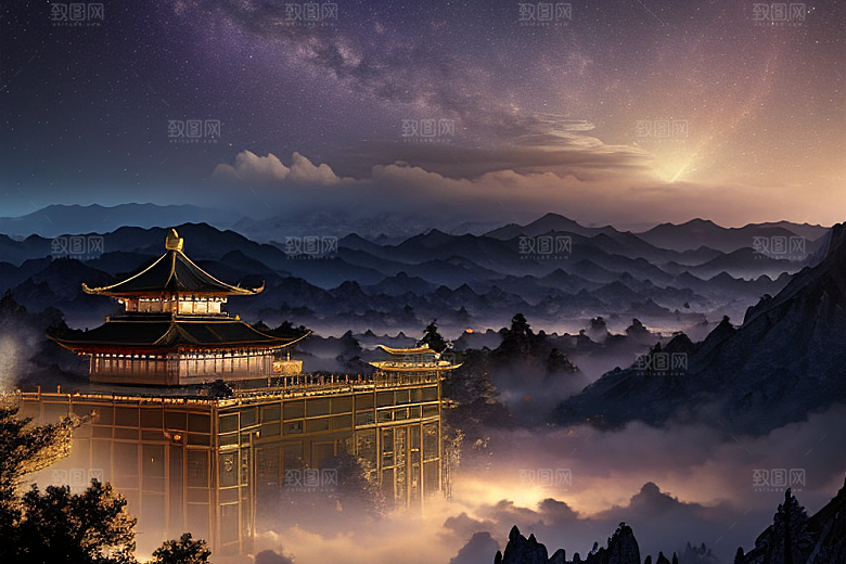 金色中国宫殿梦幻月光云海