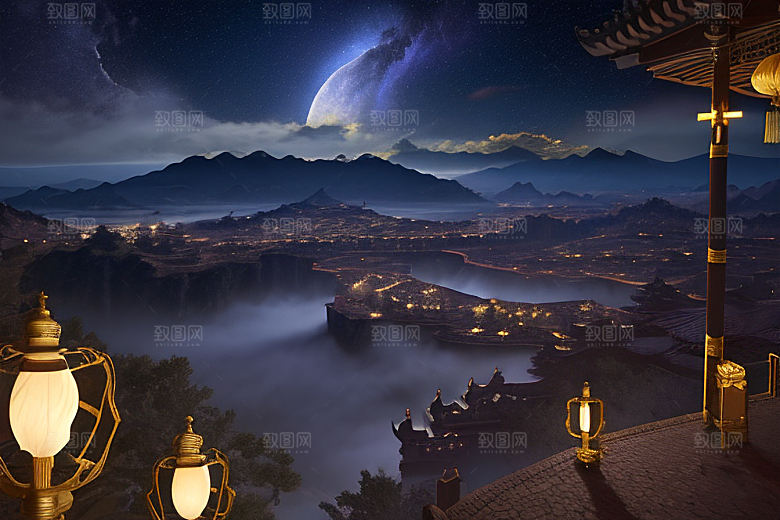 金色中国宫殿梦幻月光云海