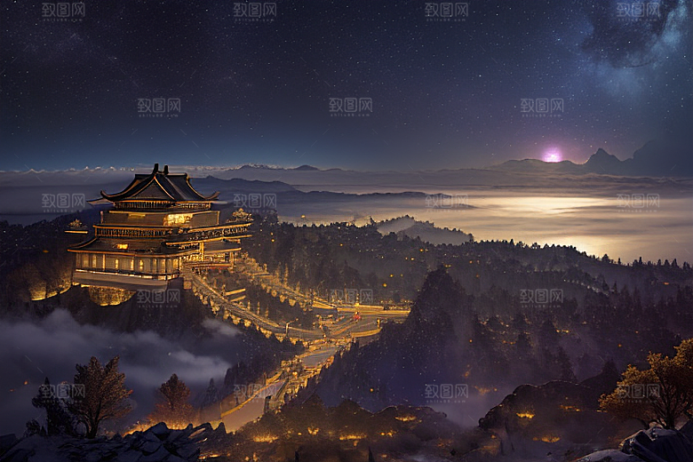 金色中国宫殿梦幻月光云海
